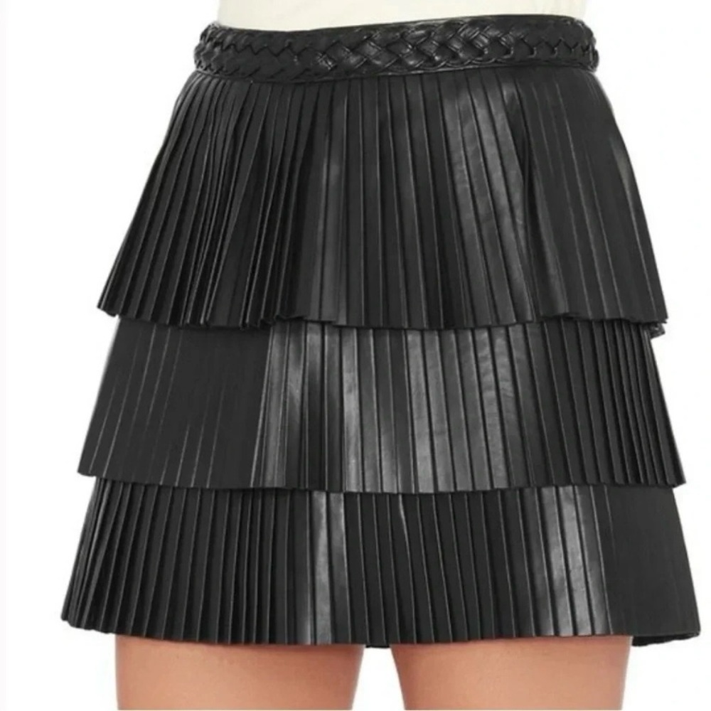 Intermix Farrah Pleated Black Leather Tiered Mini Skirt New Small